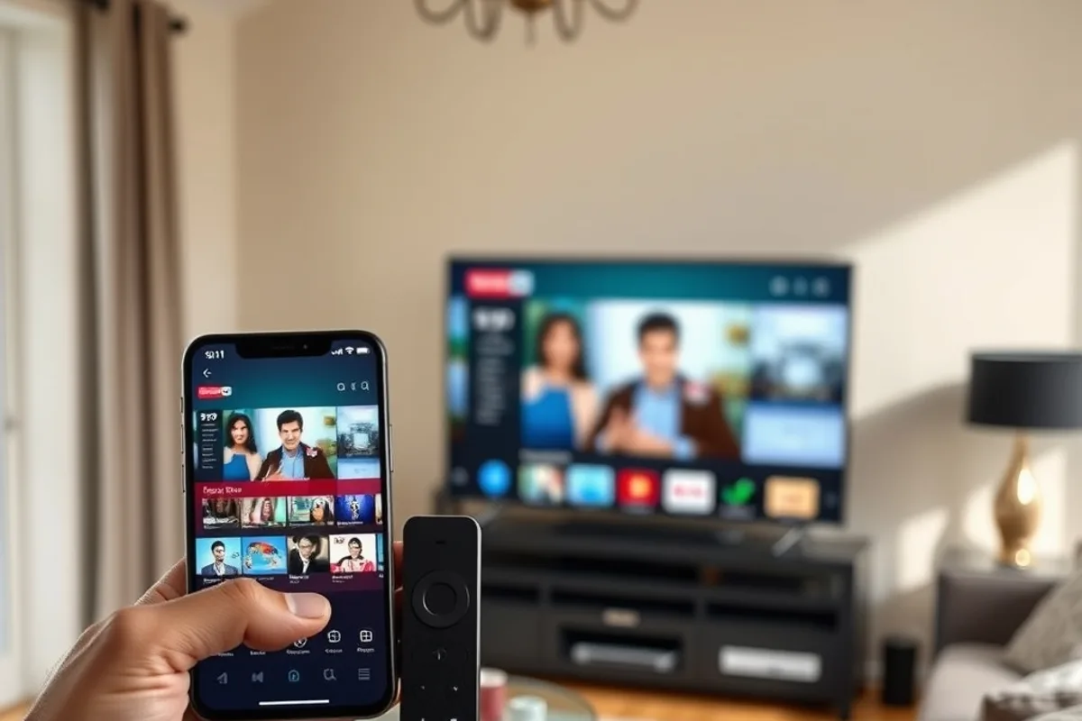 A streaming stick plugged into a TV next to a phone showing the same channel line-up
