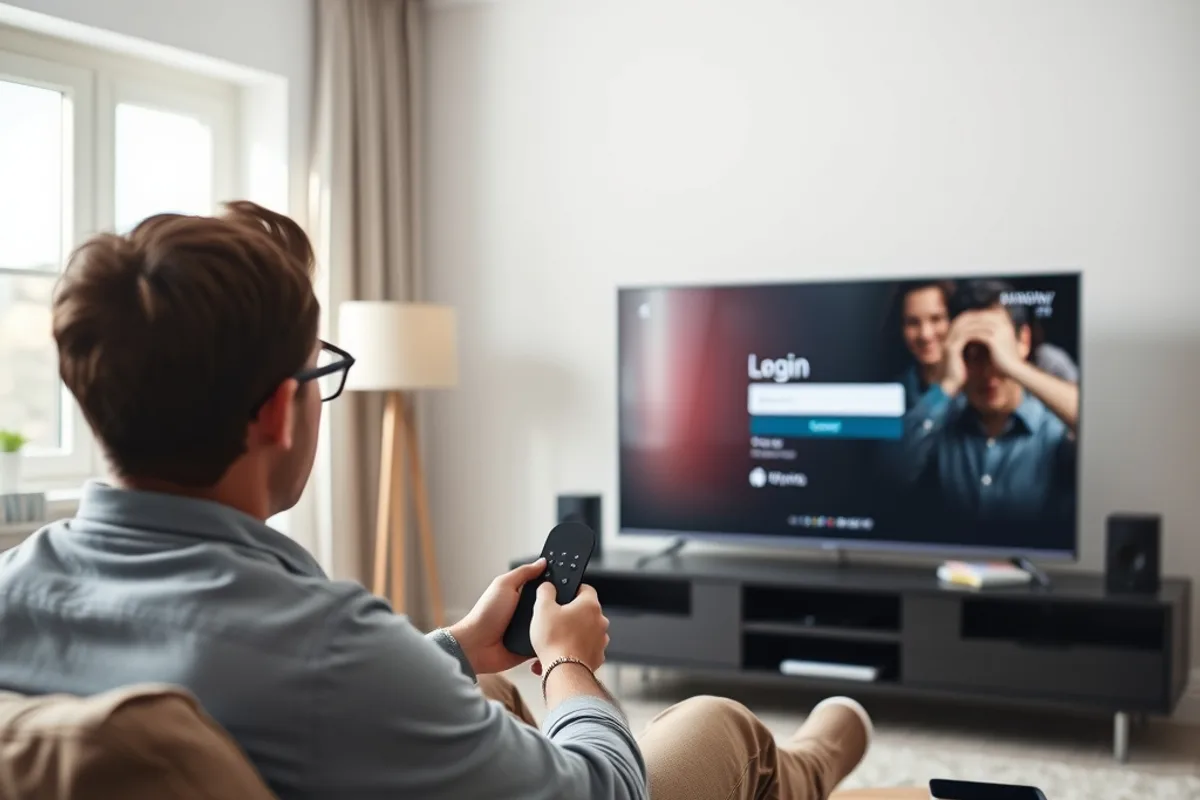 A person setting up a streaming app on a TV with a remote, bright living room