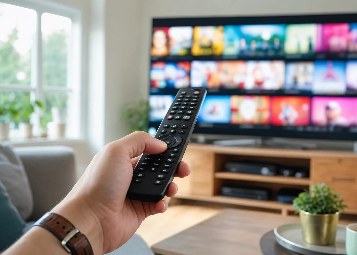 A hand holding a TV remote in front of a large screen showing a grid of live channels