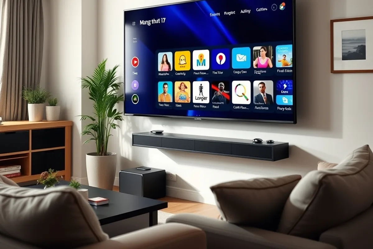 A large Smart TV home screen with an app grid, in a bright modern living room